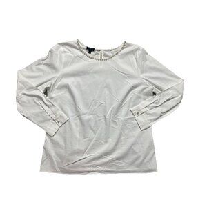 Talbots Women's Shirt Large Petite White Boat Neck Long Sleeve Pearl Accent